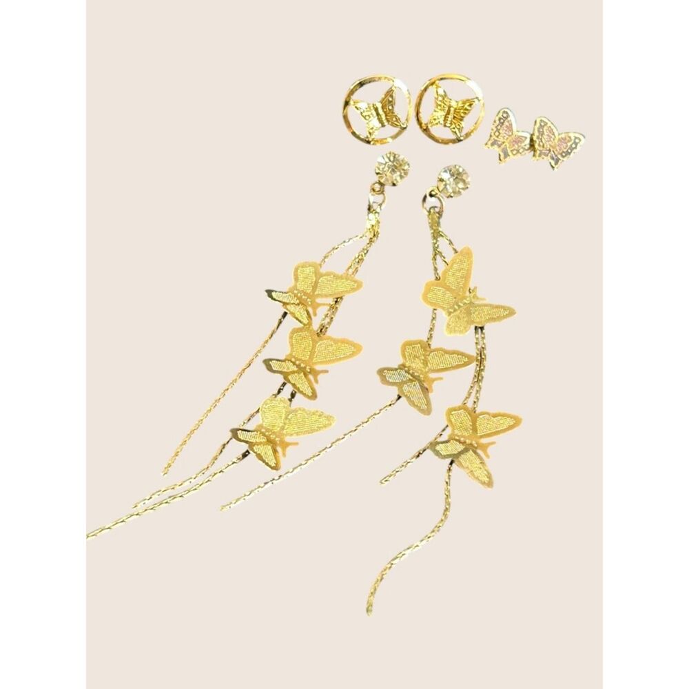 🦋 VTG BUTTERFLY EARRING BUNDLE STACK LOT GOLD TONE ENAMEL DANGLE 3 PAIR